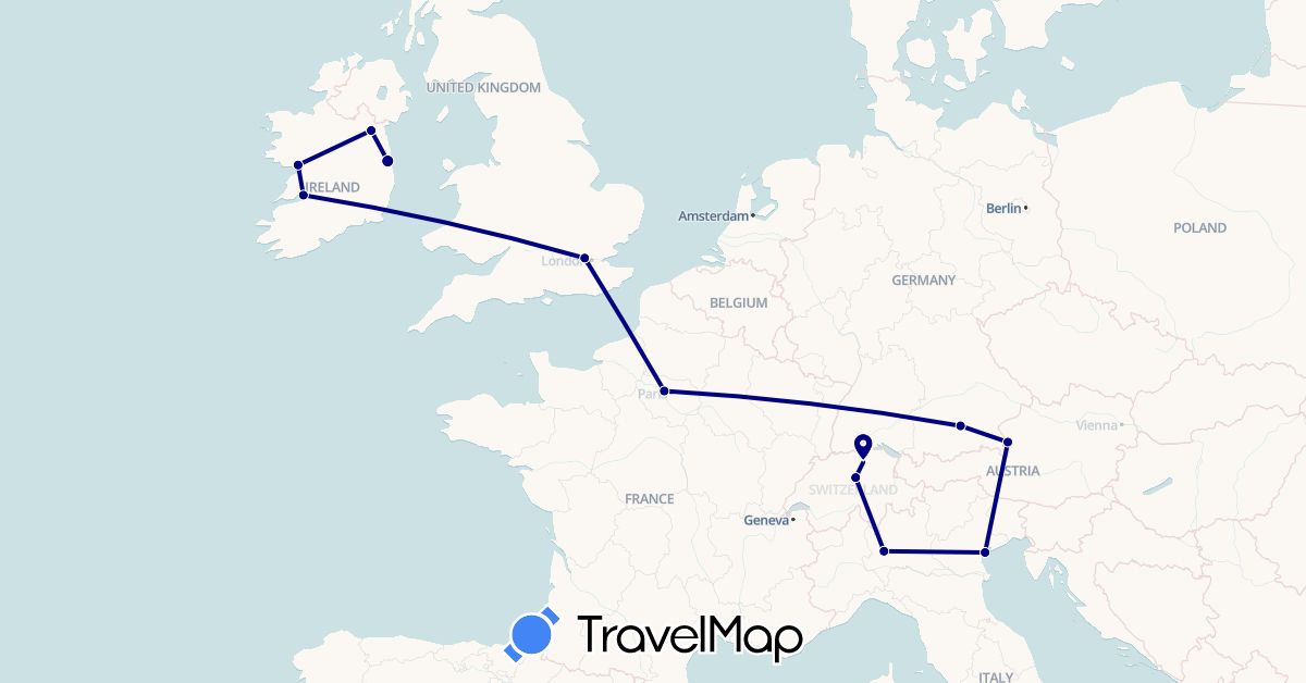 TravelMap itinerary: driving in Austria, Switzerland, Germany, France, United Kingdom, Ireland, Italy (Europe)